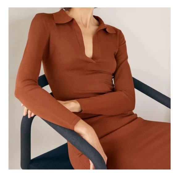 Aritzia Babaton Fame Polo Dress Small Rich Copper Ribbed Long Sleeves Stretch - Picture 13 of 13